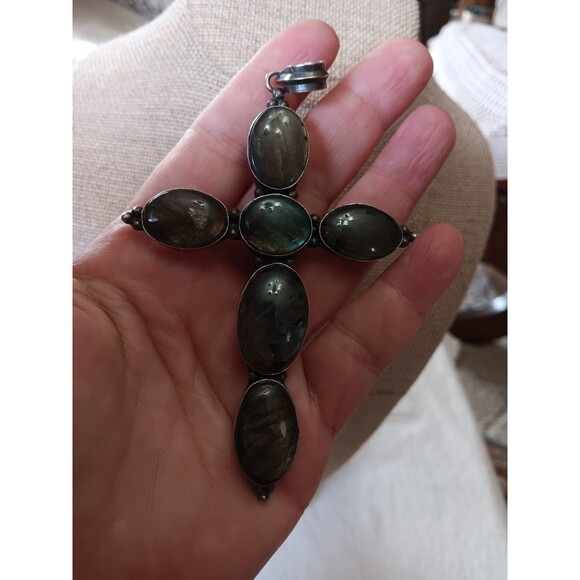 Unbranded Jewelry - Vintage Old Pawn huge alpaca silver labradorite cross pendant 4.5"